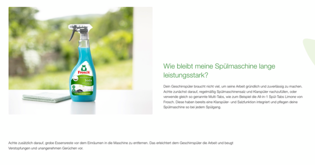 Screenshot eines Frosch Website-Editorials mit einem Produktfoto des Frosch Soda Geschirrspülers vor grünem Hintergrund