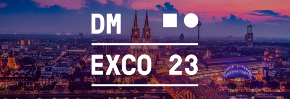 Koelner Skyline im Sonnenuntergang mit DMEXCO 2023 Logo