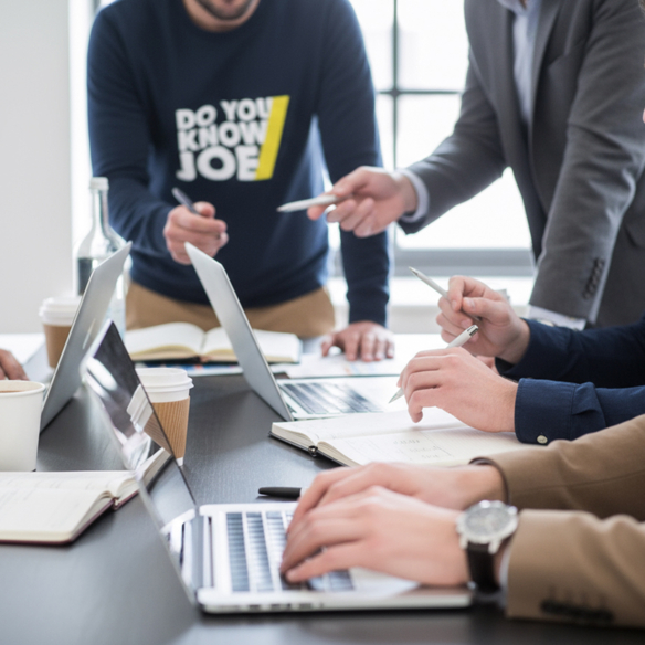 Logic Joe Team-Meeting am Tisch mit Laptops, Kaffee und Notizbuechern, Kollege traegt Do You Know Joe Pullover