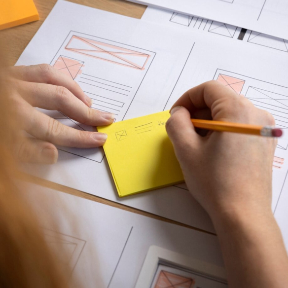 Nahaufnahme von Händen, die auf einem gelben Haftzettel über gedruckten Wireframe-Boegen zeichnen