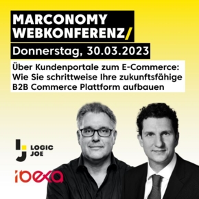Zwei Männer, Text: "Webkonferenz, 30.03.2023. Über Kundenportale zur B2B Commerce Plattform"