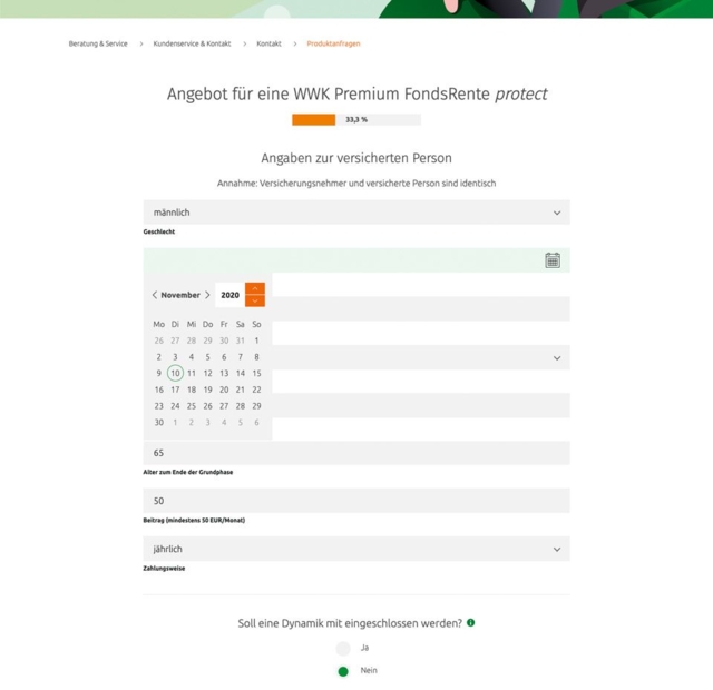 WWK Website mit Contact Form über Angebot für eine WWK Premium Fondsrente Protect