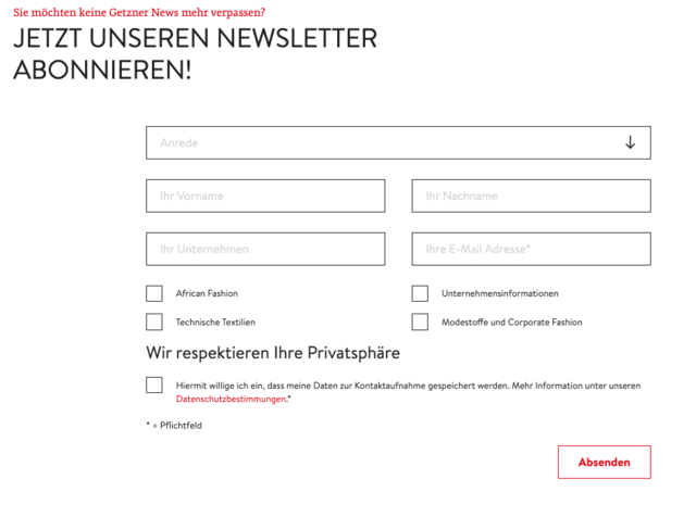 Getzner Newsletter Maske mit Eingabe Feldern und Button