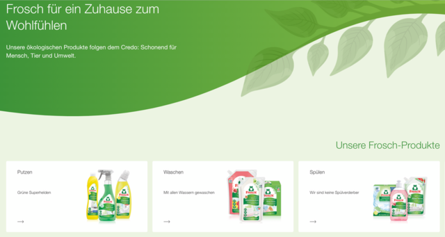 Screenshot der Frosch Website mit der Produktübersicht in drei Kategorien: Putzen, Waschen und Spülen, mit Produktfotos vor grünem Hintergrund und Blattmotiv