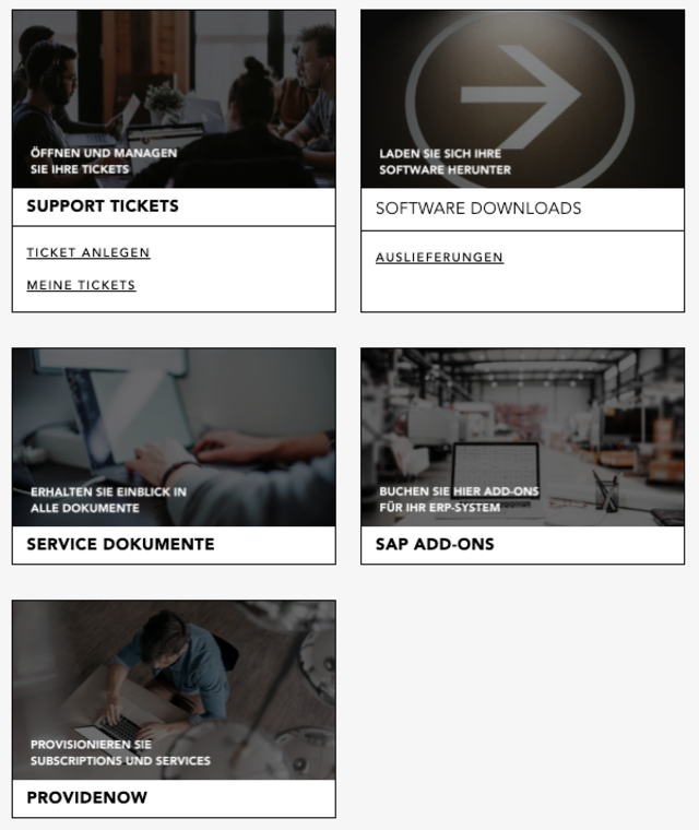 Screenshot des All for One Serviceportals mit fünf Self-Service-Kacheln: Support Tickets, Software Downloads, Service Dokumente, SAP Add-ons und ProvideNow