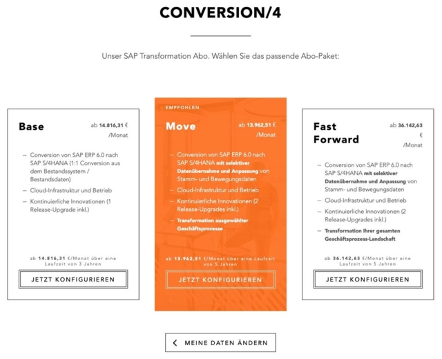 Screenshot der All for One Conversion/4 Seite mit drei SAP S/4HANA Transformations-Paketen im Preisvergleich: Base, Move (orange hervorgehoben) und Fast Forward