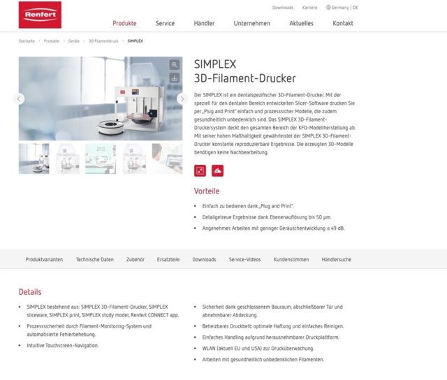 Produktdetail Seite von Simplex 3D Filament Drucker