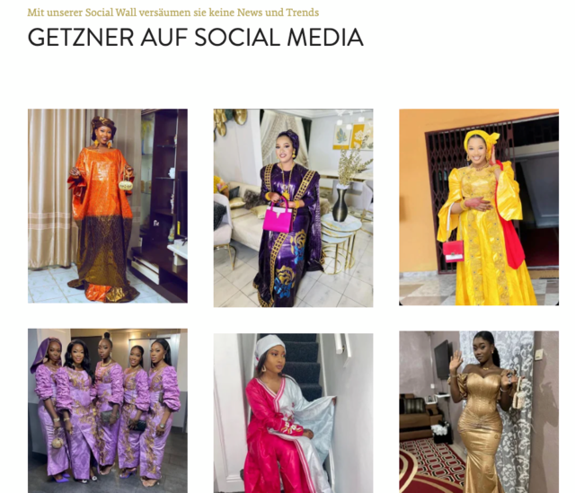 Screenshot der Getzner Website mit der Social Wall „Getzner auf Social Media" und sechs Fotos von Frauen in bunten Damast-Outfits