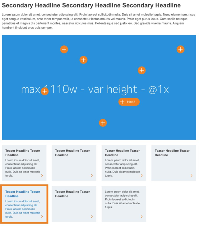 Screenshot eines Uponor Website-Wireframes mit blauem Hero-Banner, Platzhaltertext und einem Teaser-Raster mit acht Kacheln, eine davon orange hervorgehoben