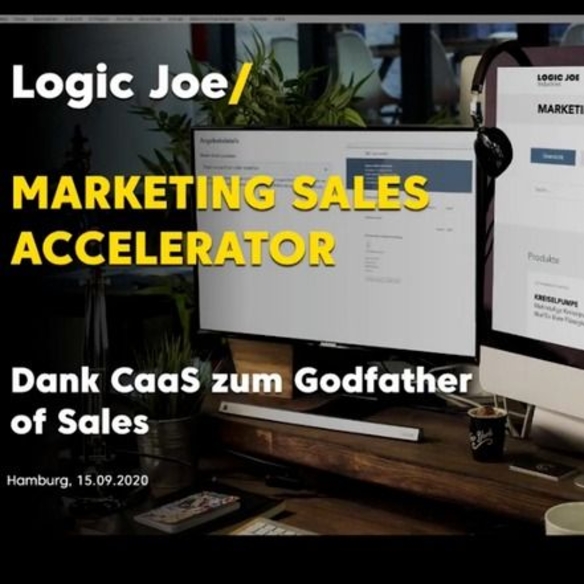 Arbeitsplatz mit Monitoren und Text: "Marketing Sales Accelerator. Dank CaaS zum Godfather of Sales"