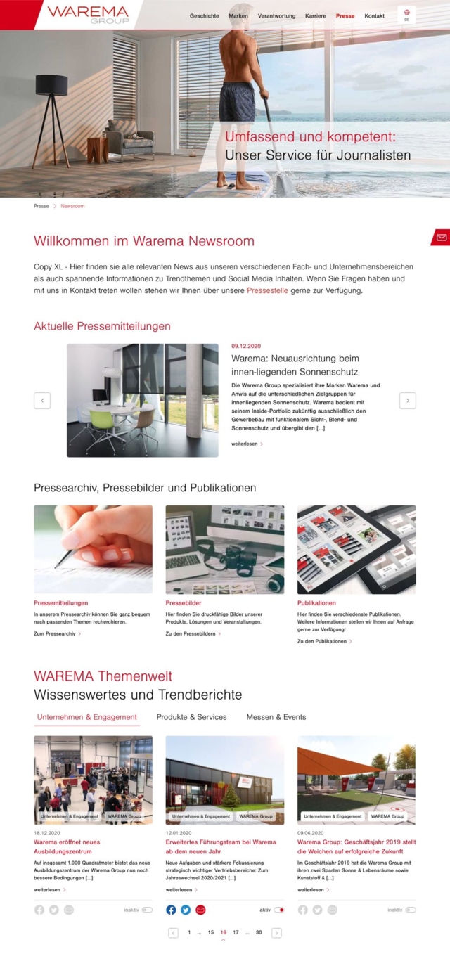 Warema Newsroom Seite komplett
