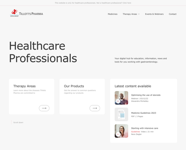 Tillotts Website mit Überschrift Healthcare Professionals auf Englisch