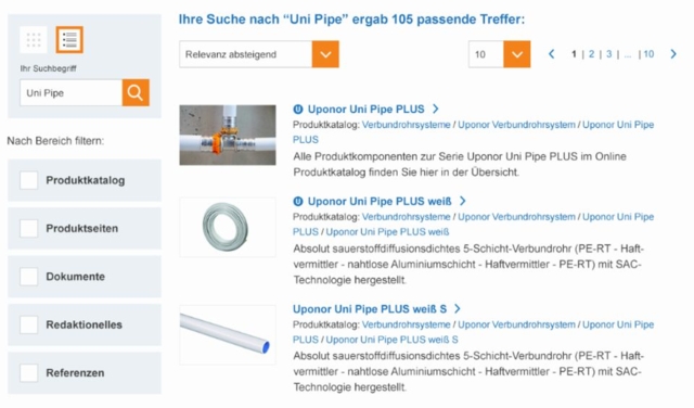 Screenshot der Uponor Website-Suche mit 105 Treffern für „Uni Pipe", Filterleiste nach Bereichen wie Produktkatalog und Dokumente sowie drei Produktergebnissen zur Uponor Uni Pipe PLUS Serie