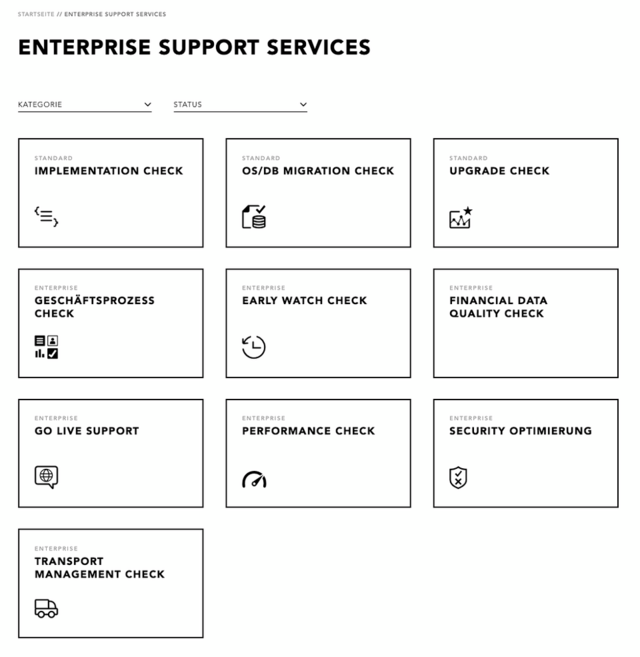 Screenshot des All for One Serviceportals mit der Übersicht aller Enterprise Support Services, darunter Implementation Check, OS/DB Migration Check, Upgrade Check, Early Watch Check und weitere Kacheln mit Icons