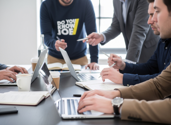 „Logic Joe Team-Meeting am Tisch mit Laptops, Kaffee und Notizbuechern, Kollege traegt Do You Know Joe Pullover