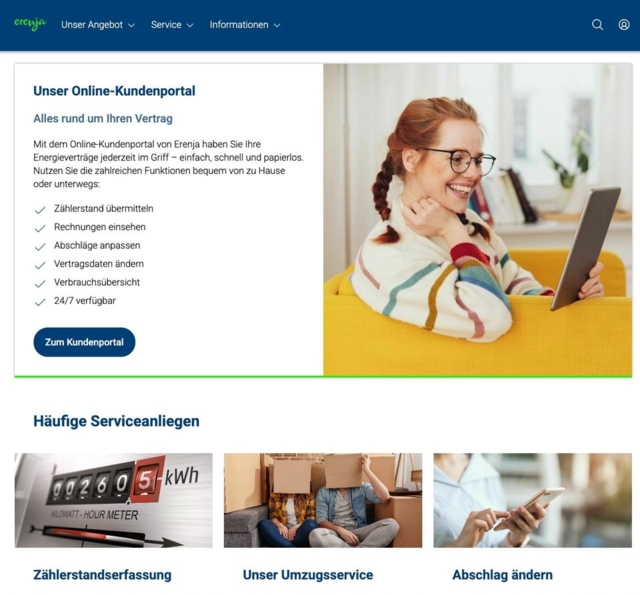Screenshot der Erenja Service-Seite mit dem Online-Kundenportal, Feature-Liste für Vertragsverwaltung und drei Servicekacheln zu Zählerstandserfassung, Umzugsservice und Abschlag ändern