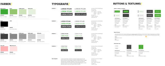 Farben, Typografie, Buttons und Textlinks vom Bitzer Patternlab angezeigt