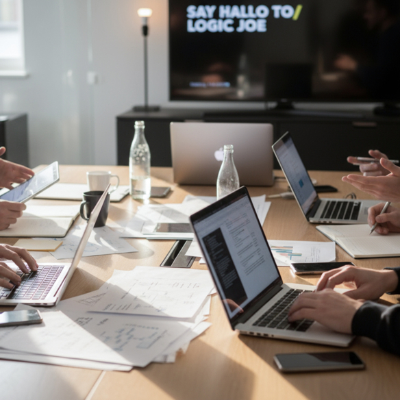 Logic Joe Team-Meeting mit Laptops und Tablets, Bildschirm mit Schriftzug Say Hallo to Logic Joe im Hintergrund