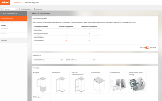 Website Blum Produktkonfigurator angezeigt