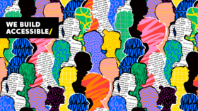 Bunte Silhouetten von Personen mit verschiedenen Mustern und Texturen, Text "WE BUILD ACCESSIBLE" auf schwarzem Hintergrund oben links.