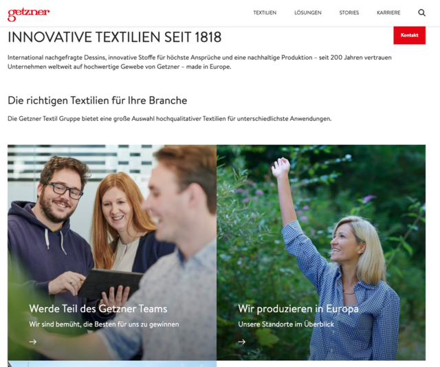 Getzner Website mit Überschrift Innovative Textilien seit 1818