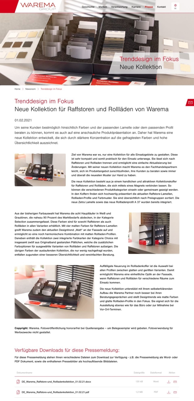 Warema Newsroom Seite im Desktop Ansicht