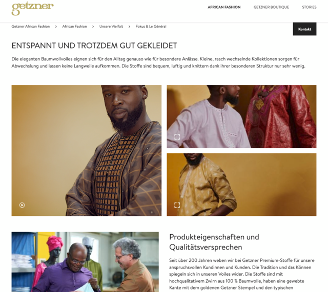 Screenshot der Getzner African Fashion Website mit der Unterseite zu Damast-Stoffen, Headline „Entspannt und trotzdem gut gekleidet" und Produktfotos von Männern in traditioneller Kleidung