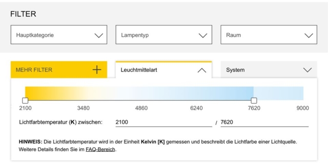 Filterung Suche Leuchtmittelart und System