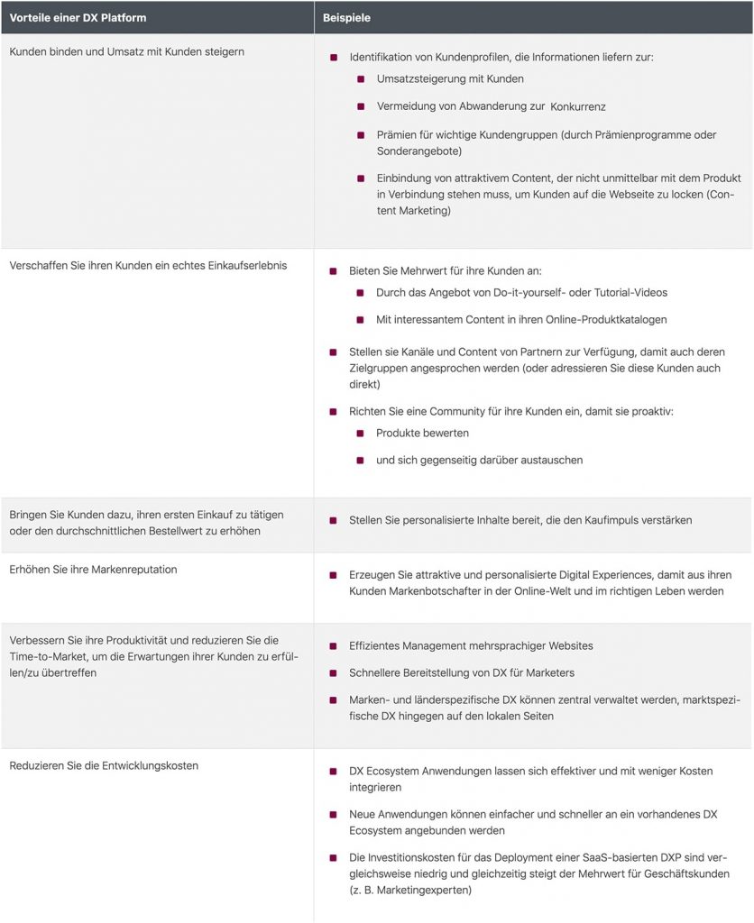 Tabellarische Uebersicht der Vorteile einer DXP samt Beispielen