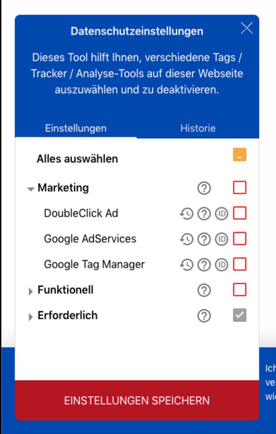 Usercentrics Datenschutzeinstellungen-Banner mit Cookie-Kategorien Marketing, Funktionell und Erforderlich sowie Checkboxen zur Einwilligung