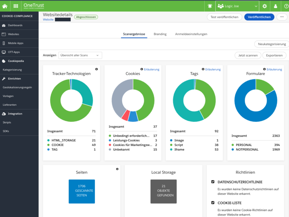 OneTrust Cookie-Compliance-Dashboard mit Scan-Ergebnissen zu Tracker-Technologien, Cookies, Tags und Formularen