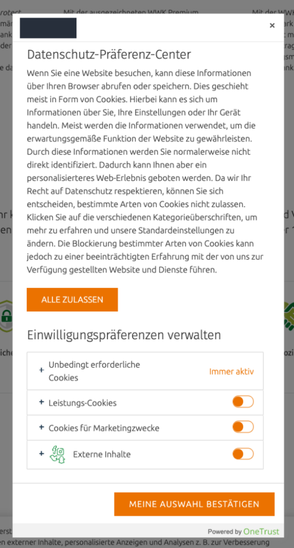 OneTrust Datenschutz-Praeferenz-Center mit Cookie-Kategorien und Einwilligungstoggles auf einer Website