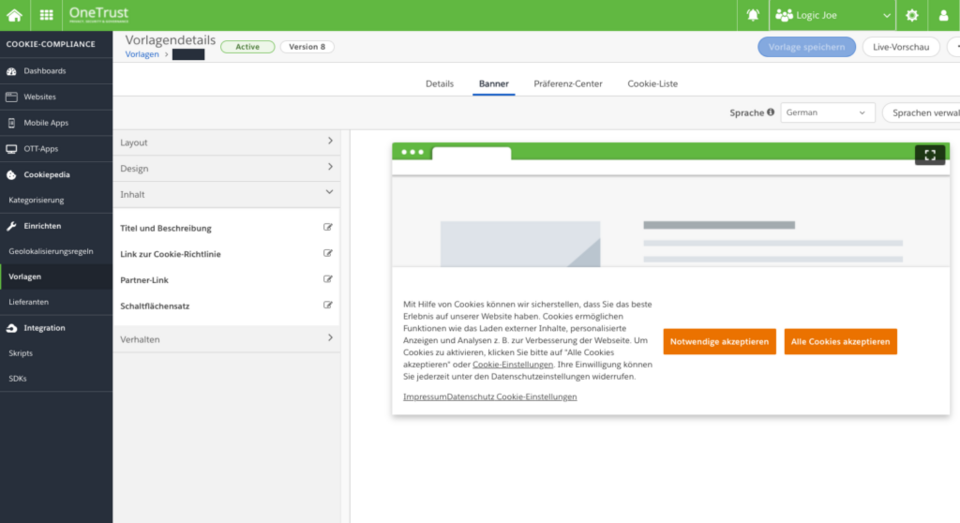OneTrust Banner-Inhaltseinstellungen mit Optionen fuer Titel, Beschreibung, Links und Sicherheitsmerkmale