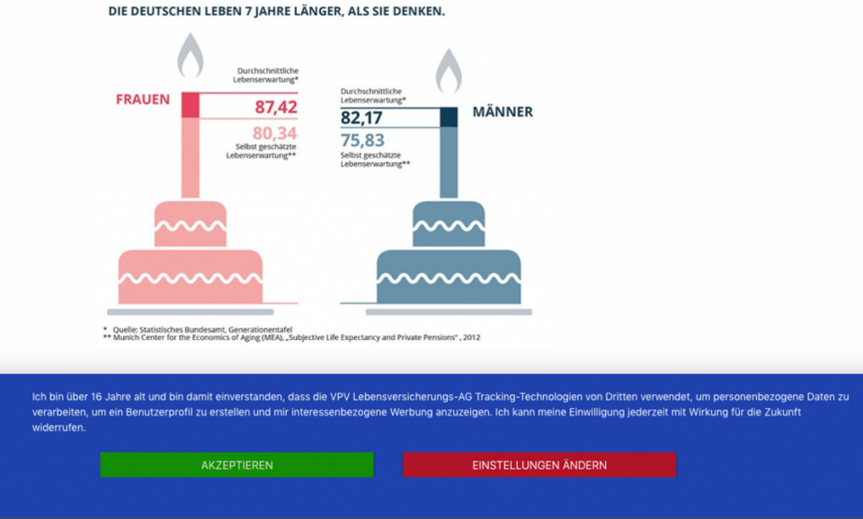 Usercentrics Cookie-Consent-Banner auf einer Versicherungswebsite