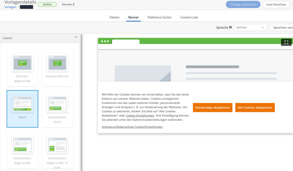 OneTrust Vorlagendetails mit Banner-Layout-Auswahl und Live-Vorschau des Cookie-Banners