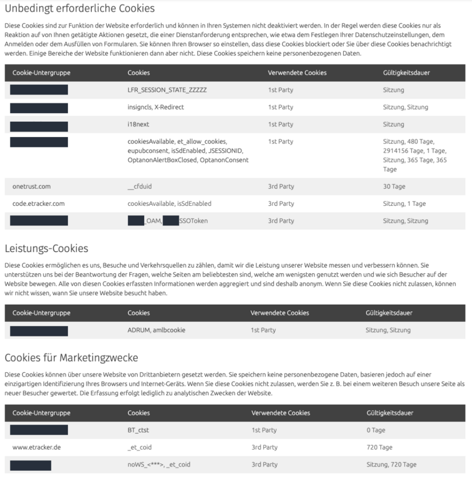 OneTrust Cookie-Liste mit Detailansicht der Kategorien fuer erforderliche Cookies, Leistungs-Cookies und Marketing-Cookies