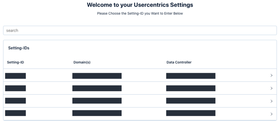 Usercentrics Einstellungsübersicht mit Liste von Setting-IDs, zugehörigen Domains und Data Controllern