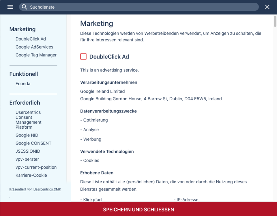 Usercentrics Präferenz-Center mit Detailansicht der Marketing-Kategorie und Informationen zu DoubleClick Ad, Verarbeitungszwecken und erhobenen Daten