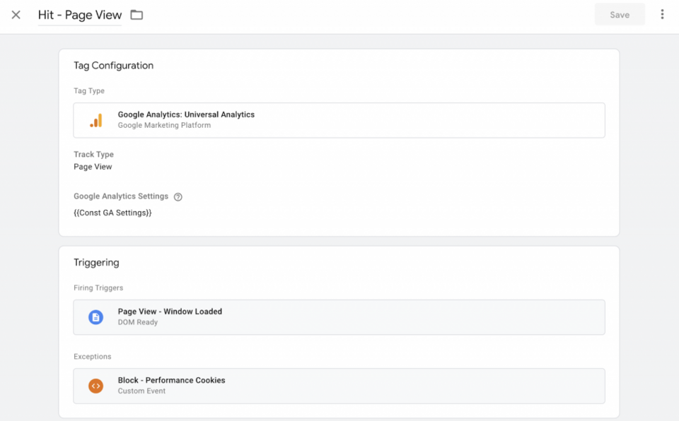 Google Tag Manager Tag-Konfiguration für Google Analytics Universal Analytics Pageview mit Block-Performance-Cookies als Ausnahme-Trigger