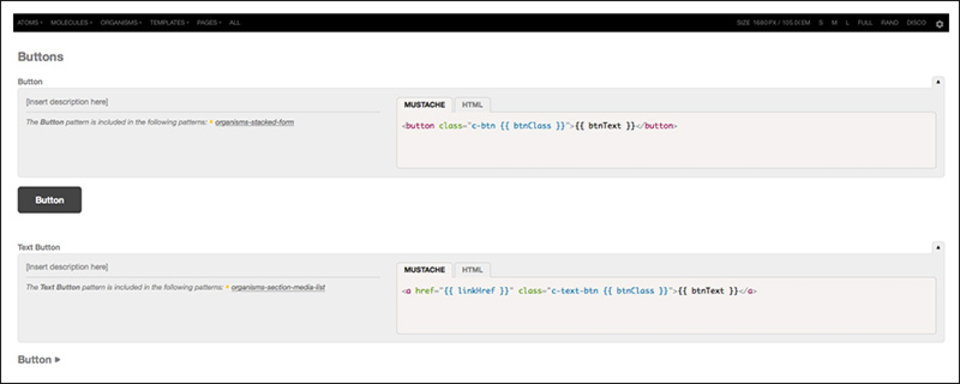 Screenshot der PatternLab Darstellungsweise Beispiel Button mit Code