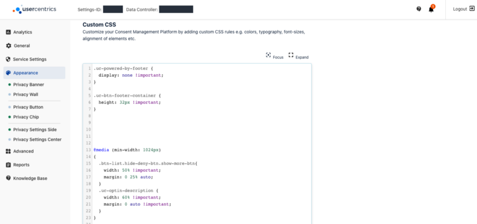 Usercentrics Appearance-Einstellungen mit Custom-CSS-Editor zur Anpassung des Consent Management Banners