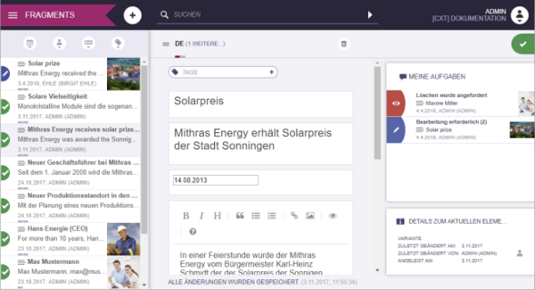 Screenshot eines CaaS-basierten CMS-Editors mit Fragmentliste, Texteditor und Aufgabenverwaltung